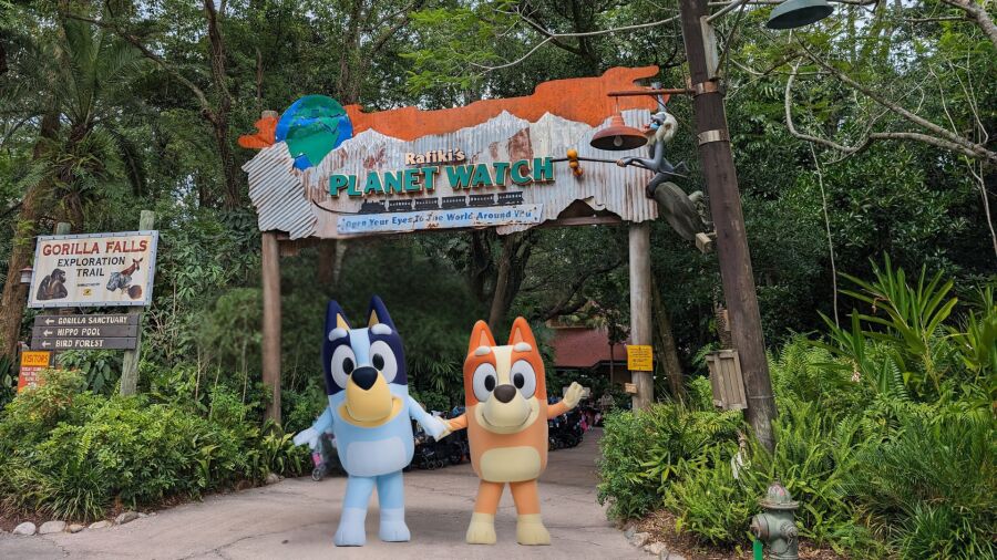 Two mascots standing in front of Rafiki's Planet Watch at Animal Kingdom