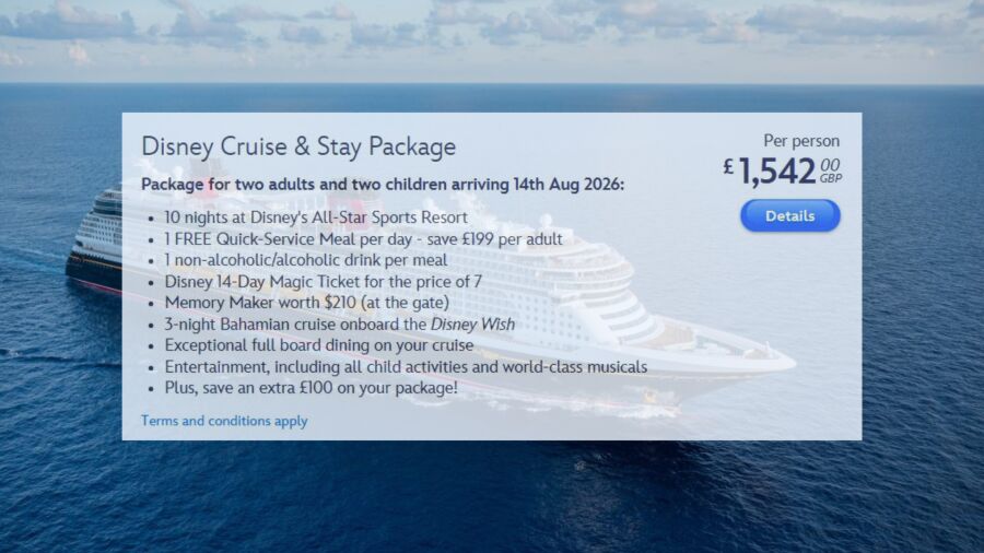 Disney Cruise & Stay Package for two adults and two children arriving 14th Aug 2026