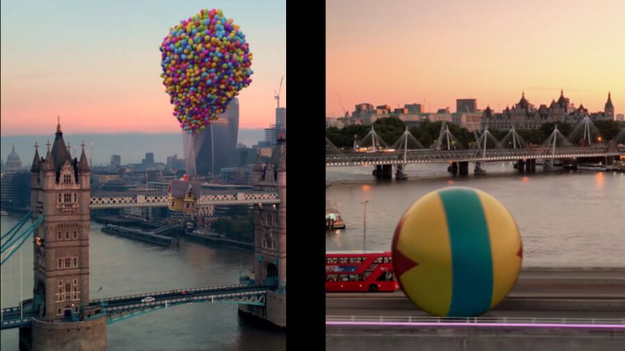 A balloon house floats over the Tower Bridge in London, England