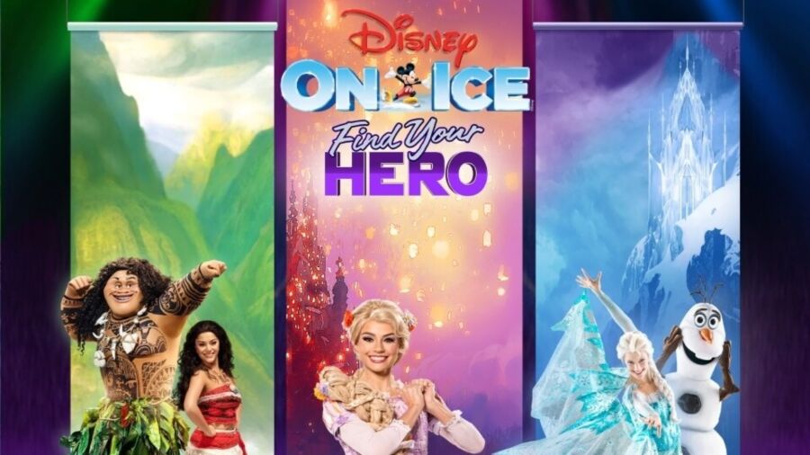 Disney On Ice Find Your Hero show poster featuring Moana, Elsa and Olaf