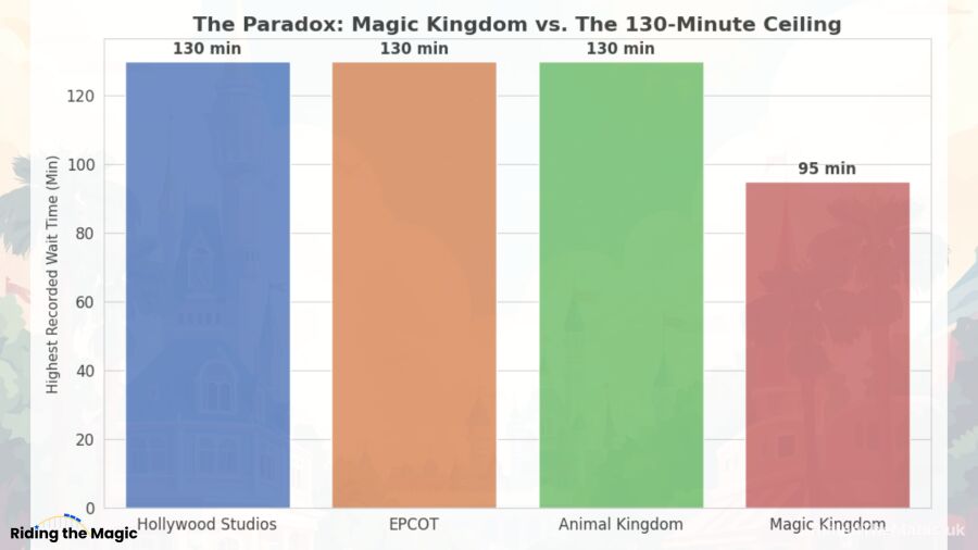 A comparison bar chart showing the highest recorded wait time for each of the four Disney World parks on President's Day 2026. Hollywood Studios, EPCOT, and Animal Kingdom are all shown reaching a peak of 130 minutes, while Magic Kingdom's peak is significantly lower at 95 minutes.