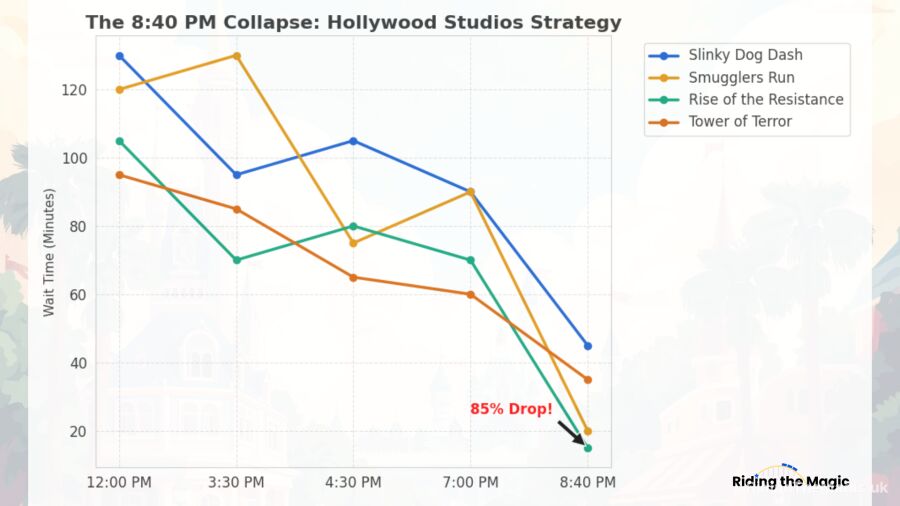 A line graph showing wait time trends at Disney's Hollywood Studios throughout the day. The graph tracks Slinky Dog Dash, Smugglers Run, and Rise of the Resistance. A prominent red arrow points to the 8:40 PM data point, showing Rise of the Resistance dropping from a peak of 105 minutes to just 15 minutes, labelled as an 85% drop.