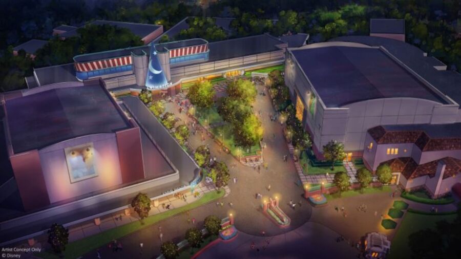 Concept art of a Disney Animation building with a blue hat on top
