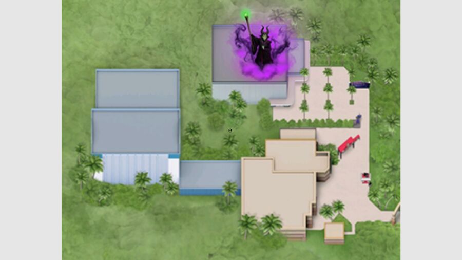 An aerial view of a house with a purple cloud in the middle