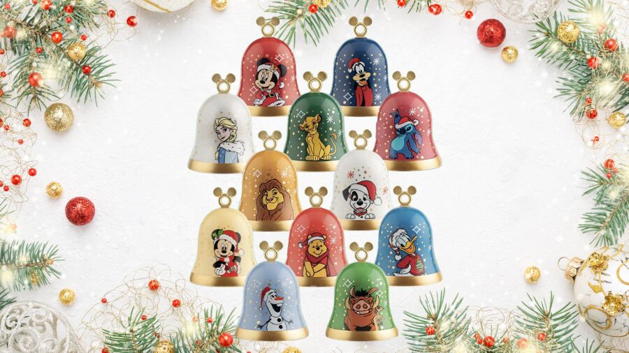 Disney Christmas bells featuring characters like Mickey, Minnie, Simba, and Olaf on a Christmas tree