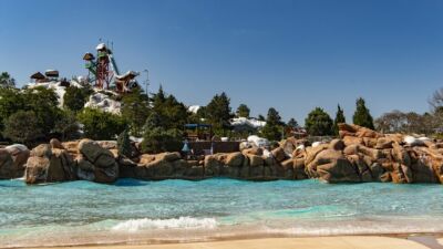 Blizzard Beach at Disney's Typhoon Lagoon Water Park with a water slide in the background