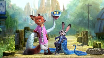 Nick and Judy from Zootopia stand next to a blue snake on a wooden dock