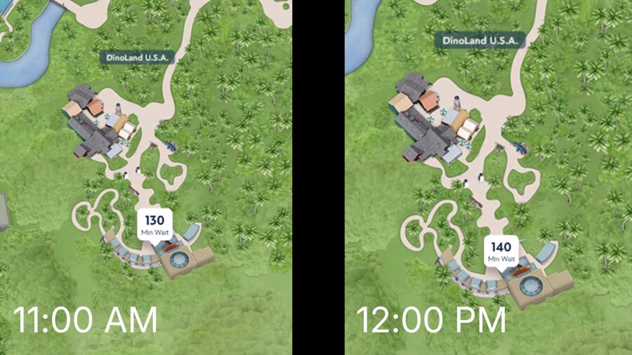 A map of DinoLand U.S.A. showing wait times at 11:00 AM and 12:00 PM