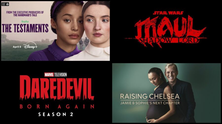 Collage of movie posters including The Testaments, Daredevil, and Raising Chelsea