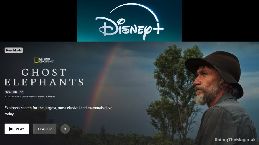 Disney+ Ghost Elephants movie trailer with a man in a hat and rainbow in background