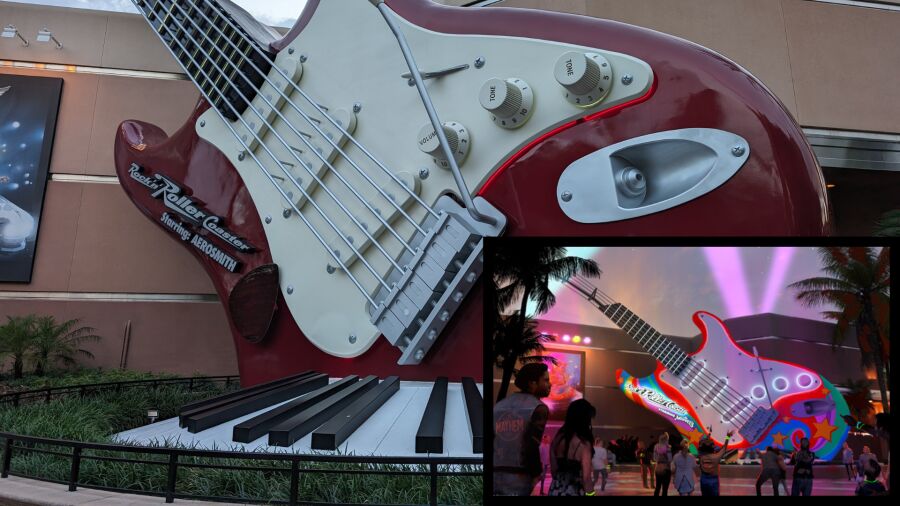 Guitar shaped roller coaster with people walking around it and a projection of a guitar