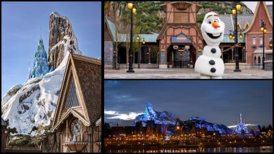 Collage of images of Frozen Ever After, Frozen merchandise, and a snowman at the park