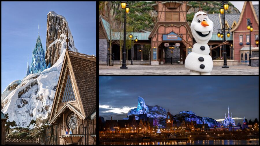 Collage of images of Frozen Ever After, Frozen merchandise, and a snowman at the park