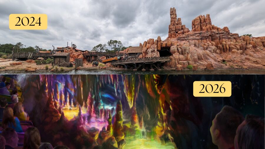 Two images side by side showing the Big Thunder Mountain Railroad ride in 2024 and 2026