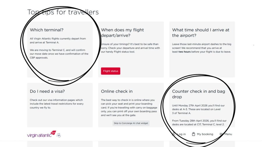 Screenshot of the Virgin Atlantic website showing the 