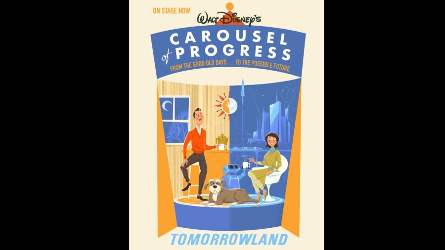 Poster called Carousel of Progress shows a man, a woman, and a dog