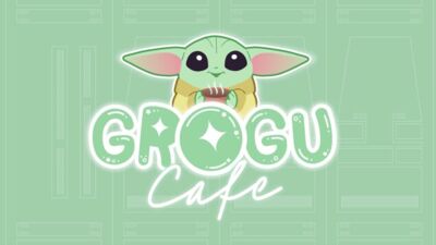 Grogu Cafe logo featuring Grogu holding a cup of coffee