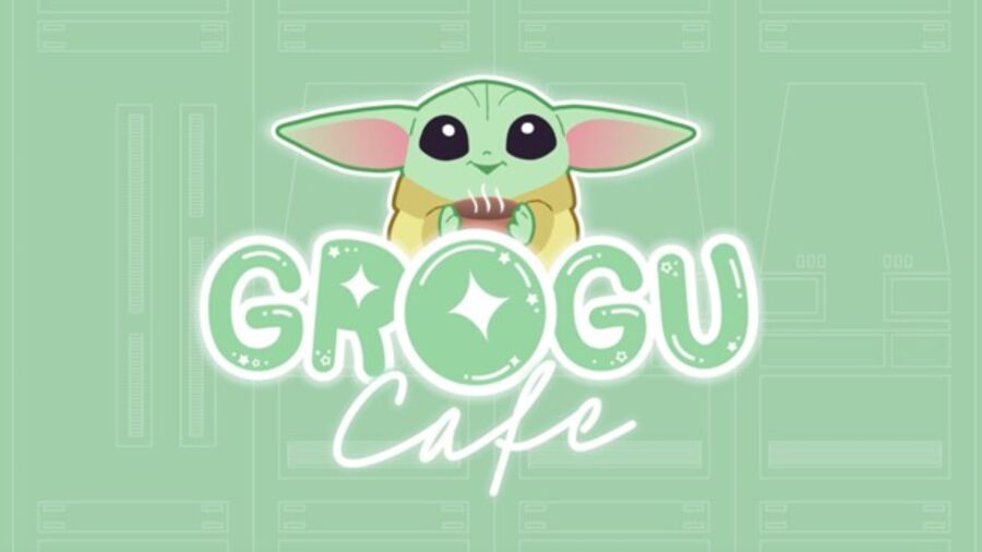 Grogu Cafe logo featuring Grogu holding a cup of coffee