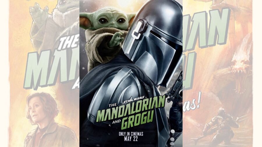 Poster for The Mandalorian and Grogu movie, featuring Baby Yoda and a Mandalorian character