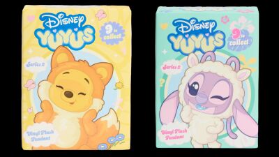 Two Disney Yuyus Series 2 Vinyl Plush Pendants, one yellow and one purple