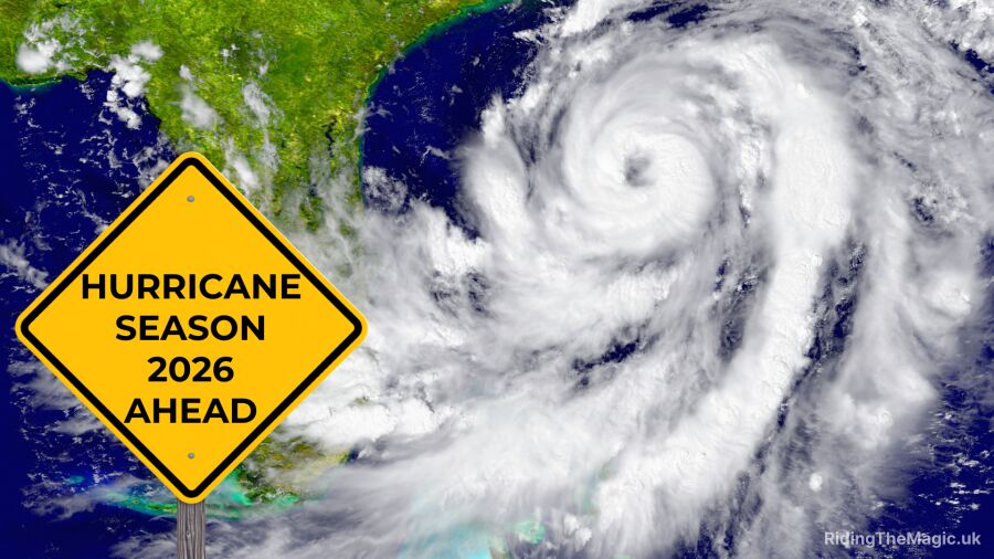 Hurricane season 2026 is ahead, with a hurricane sign in front of a storm