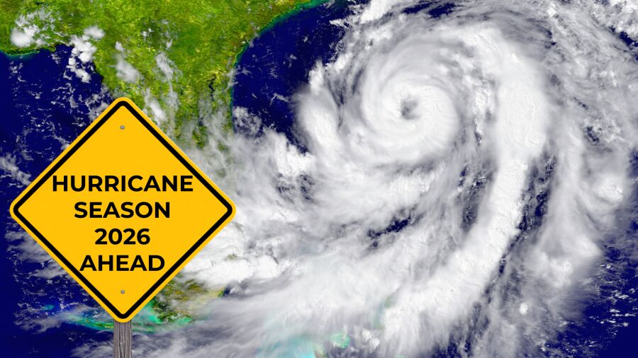 Hurricane season 2026 is ahead, with a hurricane sign in front of a storm