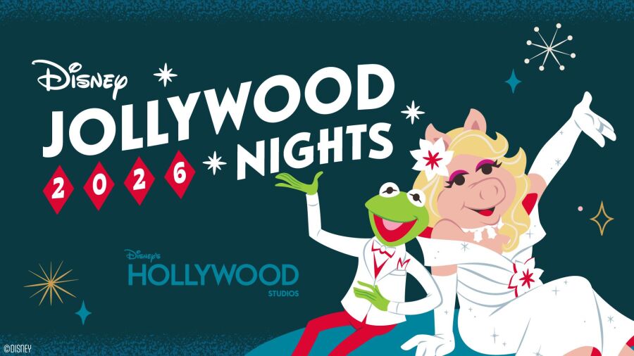 Disney Hollywood Studios Jollywood Nights 2026 graphic with Kermit and Miss Piggy