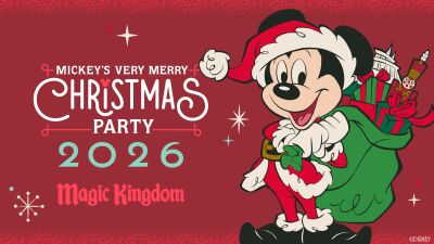 Mickey's Very Merry Christmas Party 2026 poster with Mickey holding presents