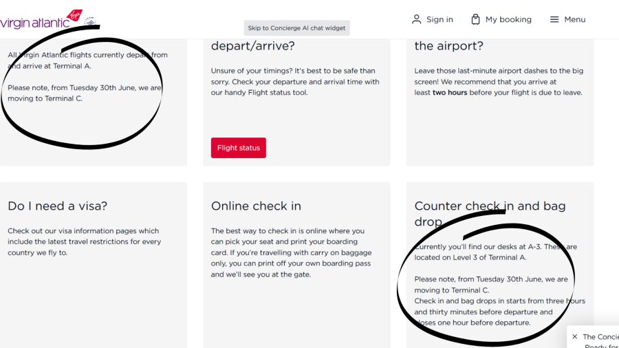 Virgin Atlantic website with two circled areas highlighting the same message about Terminal C