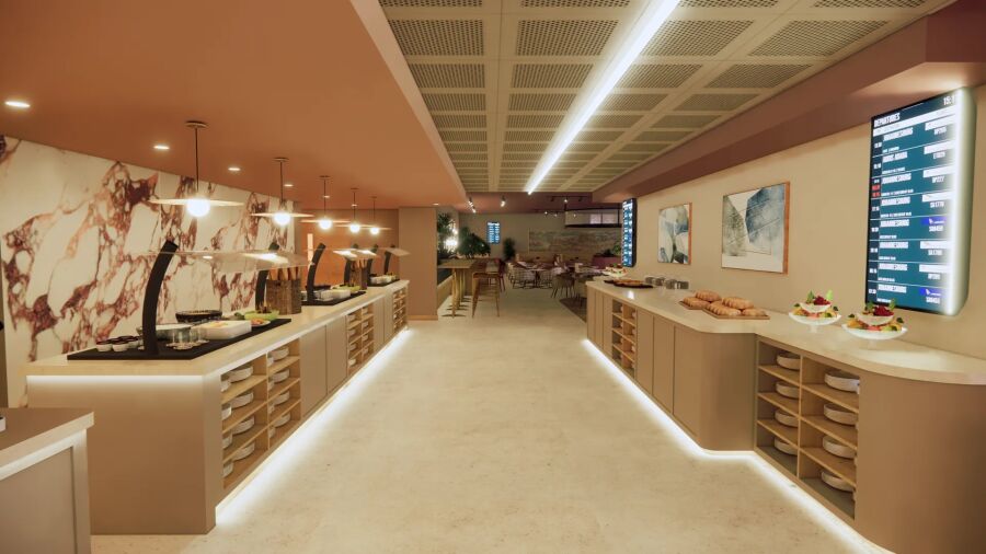 A rendering of a buffet in a modern hotel with a marble wall