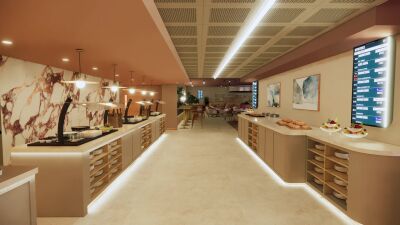 A rendering of a buffet in a modern hotel with a marble wall
