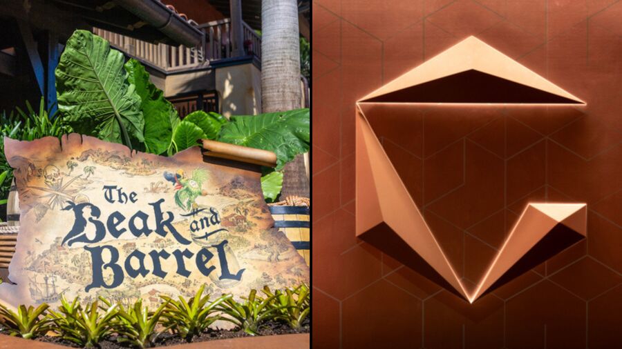 A sign for The Beak and Barrel restaurant and a copper geometric design