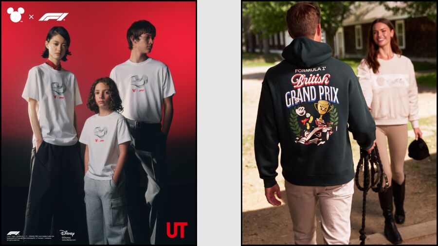 A family wearing Disney x Formula 1 clothing. A man wearing a hoodie