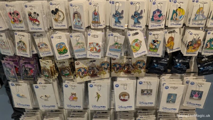 A display of Disney pins at the Disney Springs Marketplace