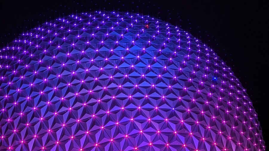 Purple sphere with geometric shapes and lights at Epcot at Walt Disney World