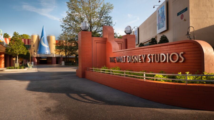 Entrance to the Walt Disney Studios in Florida, with a blue cone and trees