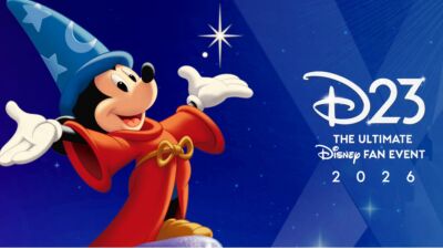 Mickey Mouse wearing a wizard's hat with a blue background and the words 