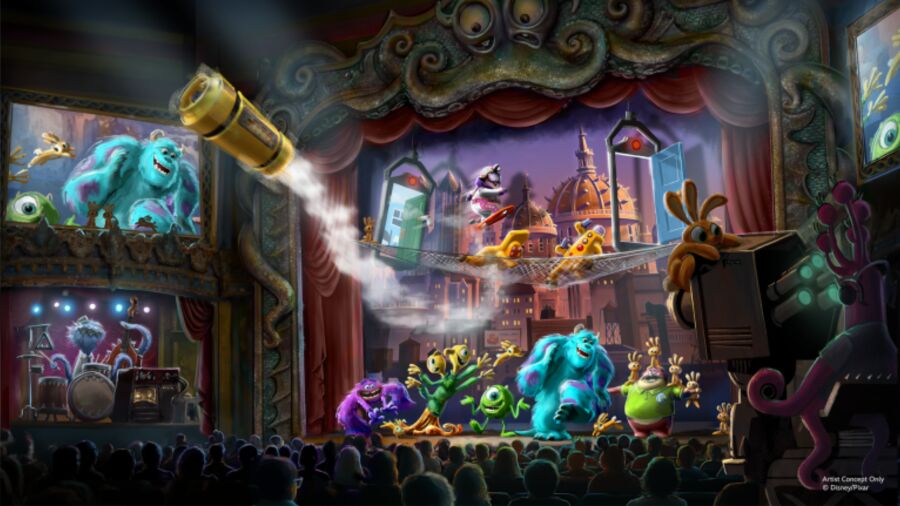 An artistic concept of Monsters Inc. characters performing on stage in front of a crowd