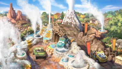 Cars Land at Disney California Adventure Park, with cars splashing through water