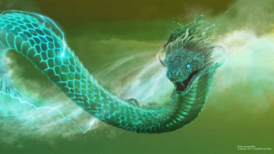 An illustration of a green dragon with blue eyes and lightning coming from its mouth