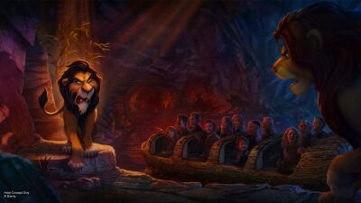 A concept art of the new ride in Disneyland Paris, with lions and people riding