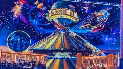 Space Mountain at Disneyland Paris with a large screen showing the ride