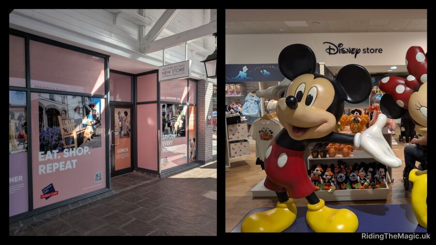 Collage of two pictures, one of a Cheshire Oaks store and one of a Mickey Mouse statue in Disney Store