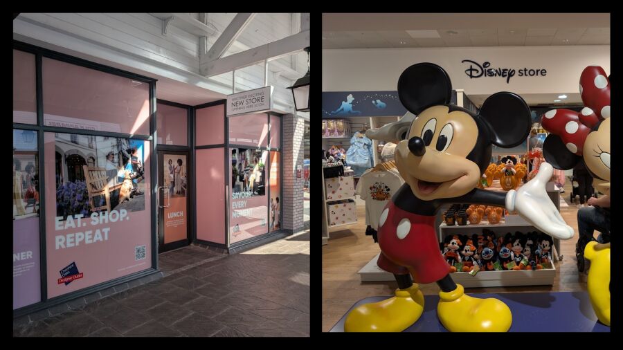 Collage of two pictures, one of a Cheshire Oaks store and one of a Mickey Mouse statue in Disney Store