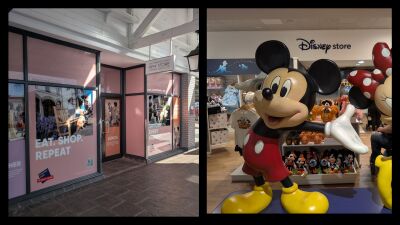 Collage of two pictures, one of a Cheshire Oaks store and one of a Mickey Mouse statue in Disney Store