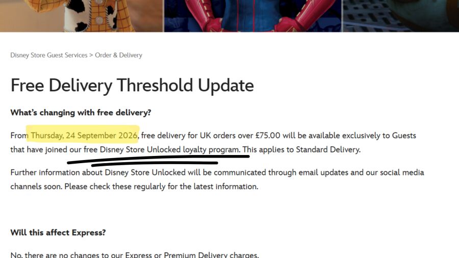 Disney Store Guest Services > Order & Delivery Free Delivery Threshold Update Disney Store Unlocked loyalty program