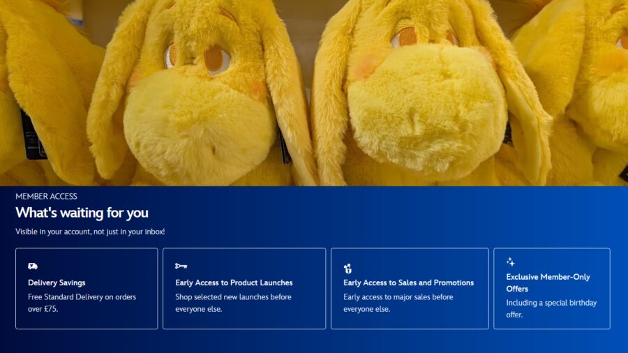 A group of yellow plush Disney Store Eeyore toys with a blue background and a text overlay