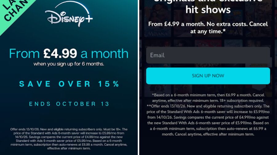 Disney+ subscription offer for £4.99 per month for 6 months, then £6.99 per month