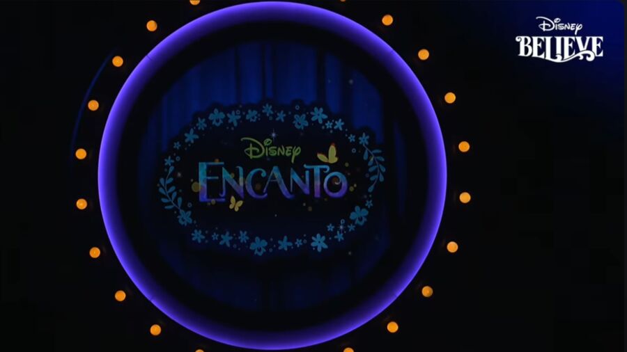 The Disney Encanto logo is displayed on a dark background with a blue circle