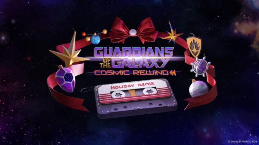 Guardians of the Galaxy Cosmic Rewind Holiday Remix logo with a cassette tape and stars